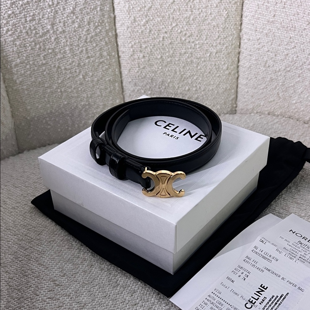 Celine Black Leather Belt with Gold Logo Buckle